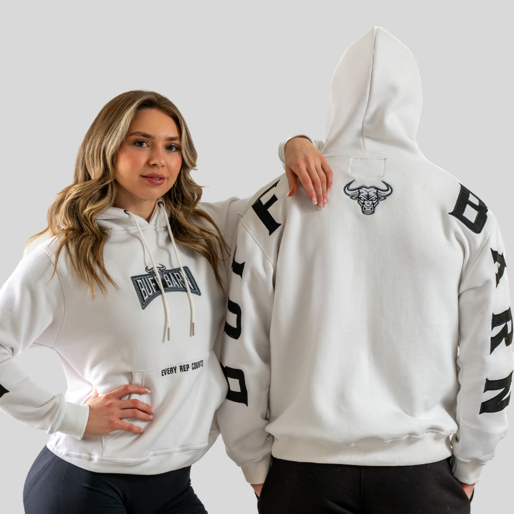 white hoodie - black sleeve embroidery