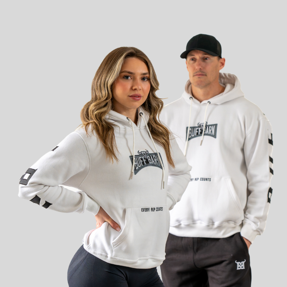 white hoodie - black sleeve embroidery
