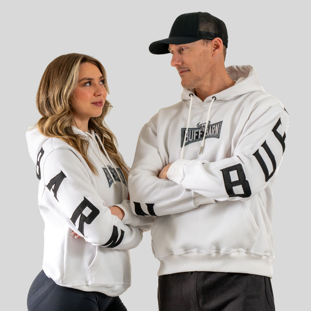white hoodie - black sleeve embroidery