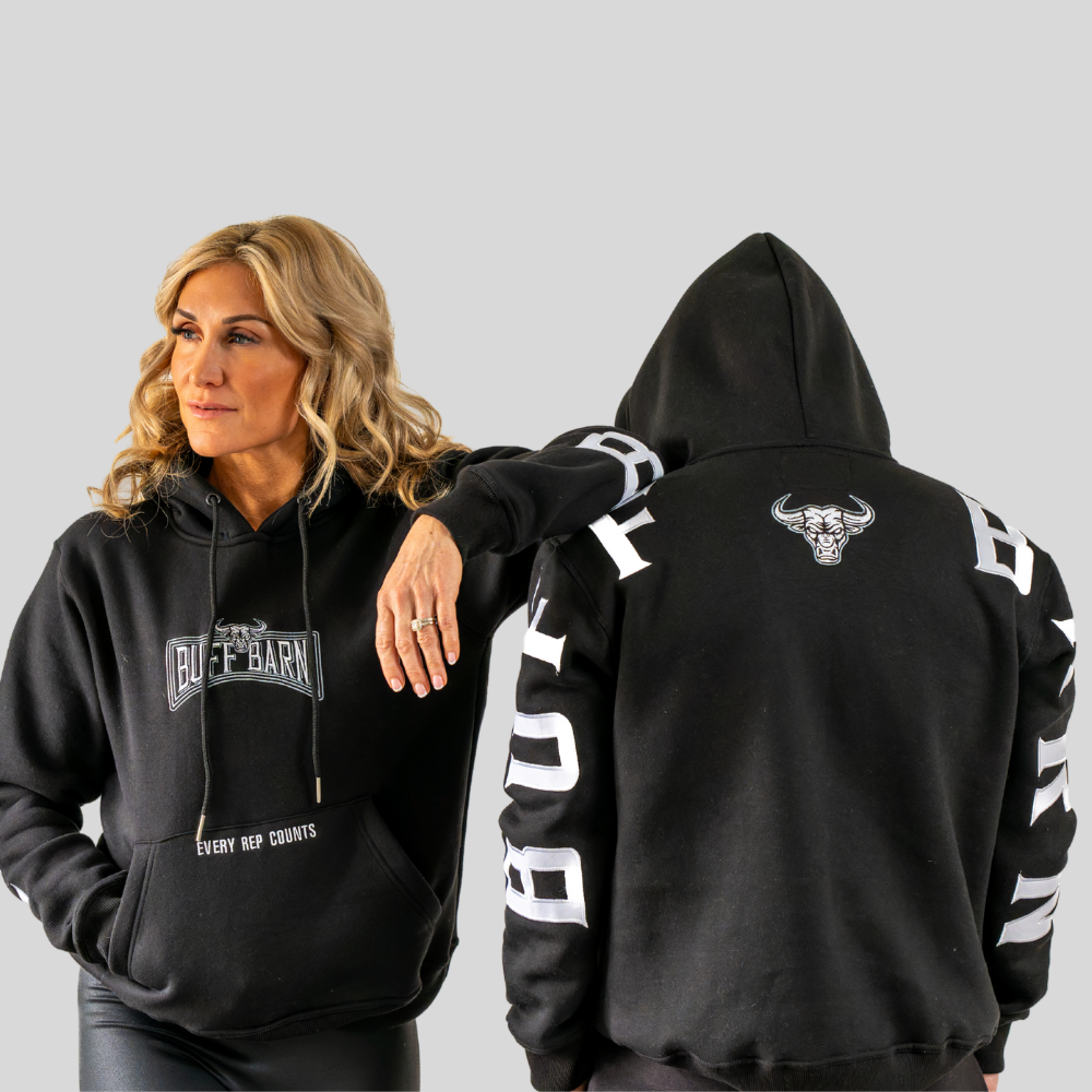 black hoodie white sleeve embroidery