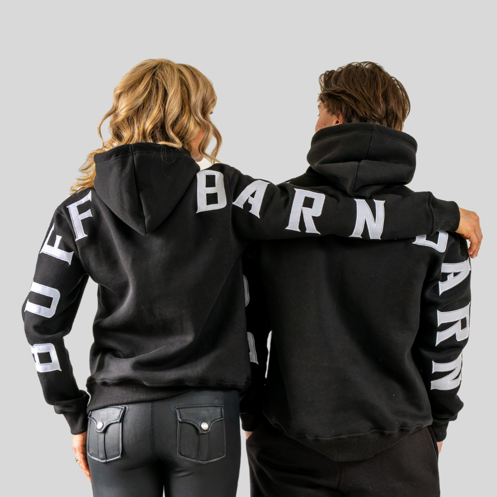 black hoodie white sleeve embroidery