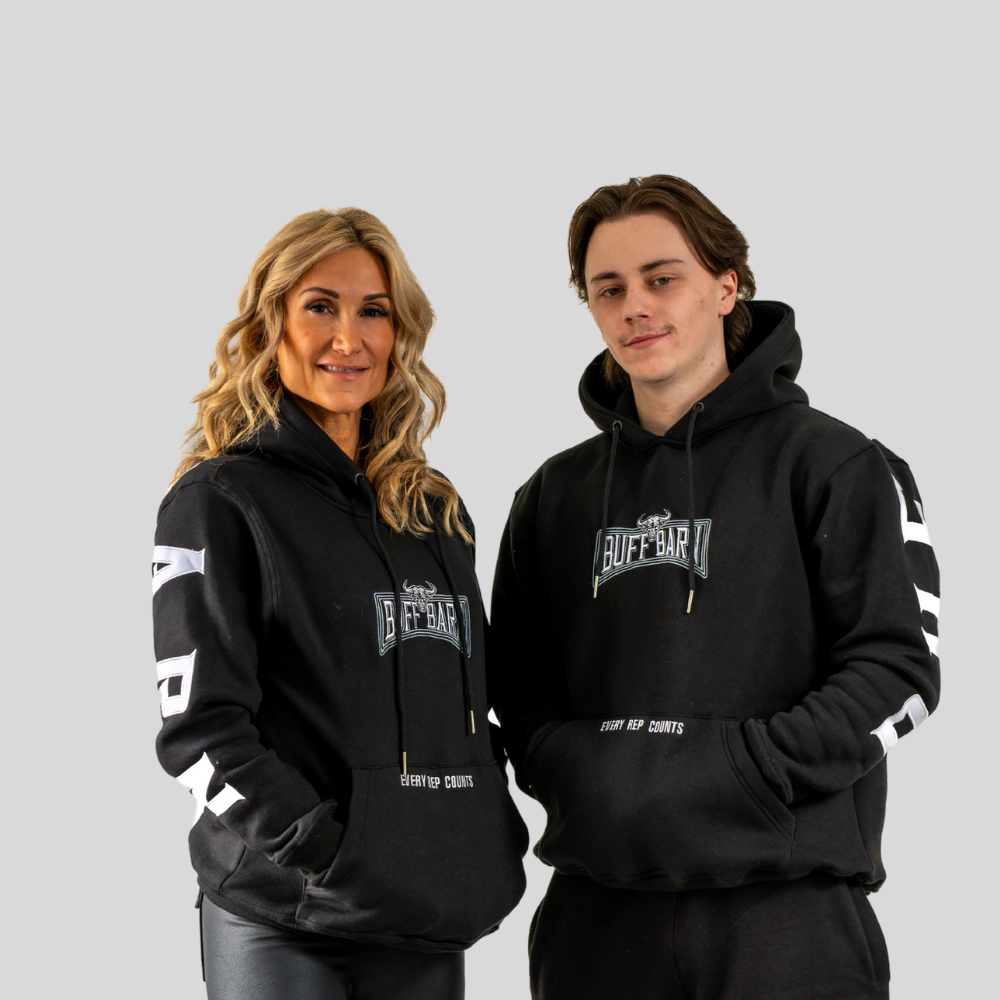 black hoodie white sleeve embroidery