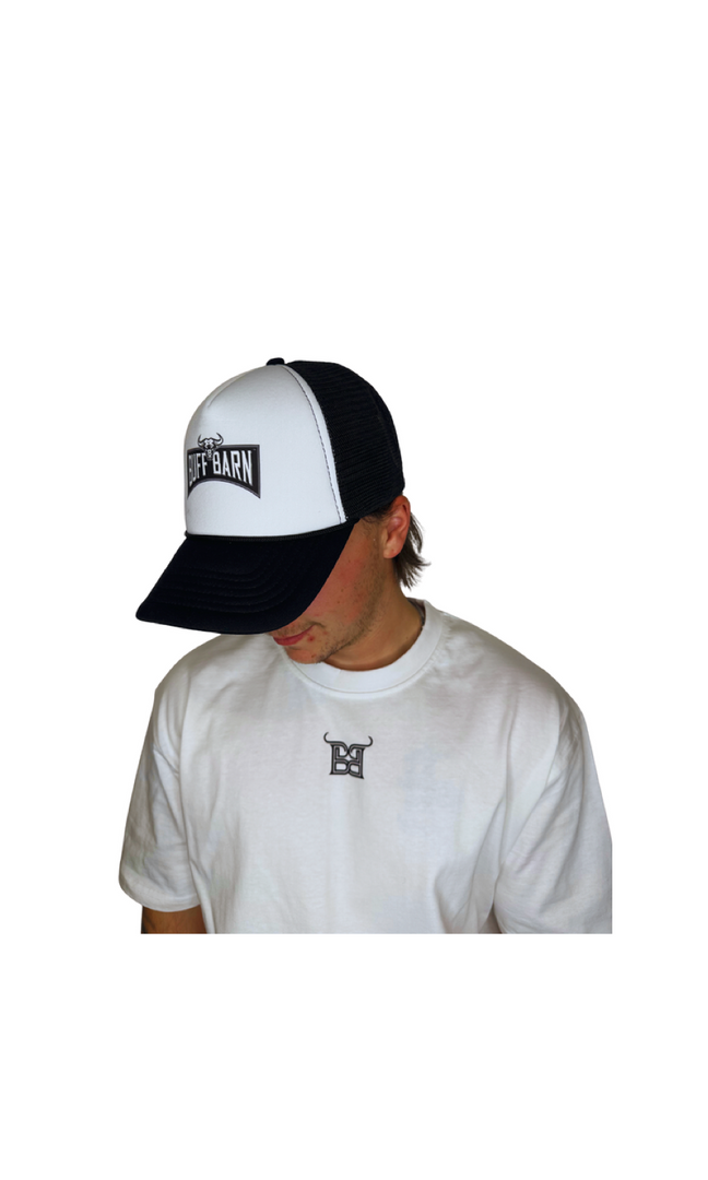 White Front / Black Brim – Classic Buff Barn Patch