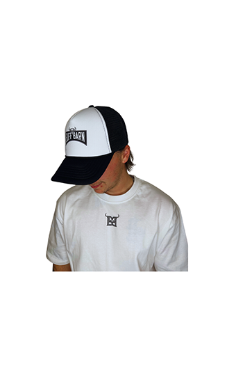 White Front / Black Brim – Classic Buff Barn Patch